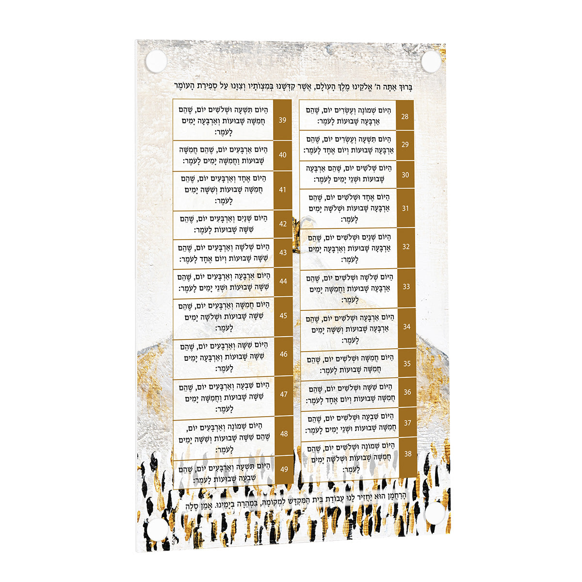 Other side of the Omer card listing days 28 to 49 with the gold day-marker magnet