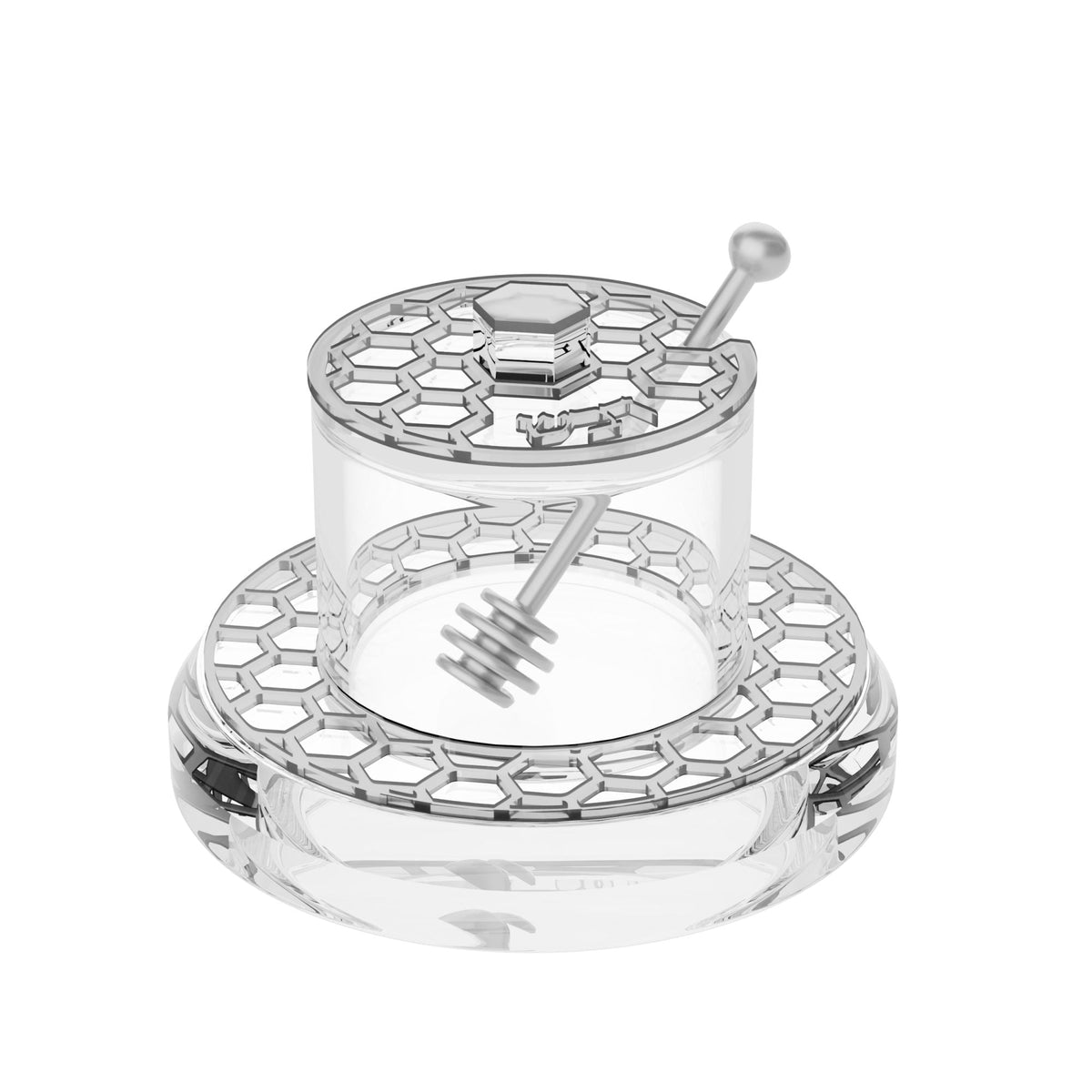 Silver edition of the honeycomb honey dish with silver lid, base ring and dipper