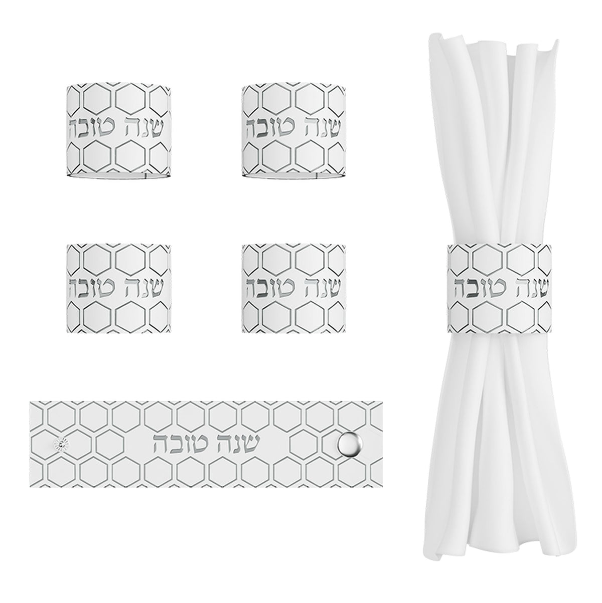 Silver honeycomb napkin rings, one opened flat to show the clasp, one around a white napkin