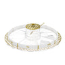 Round lucite simanim tray with gold honeycomb rim, eight sections and center honey dish