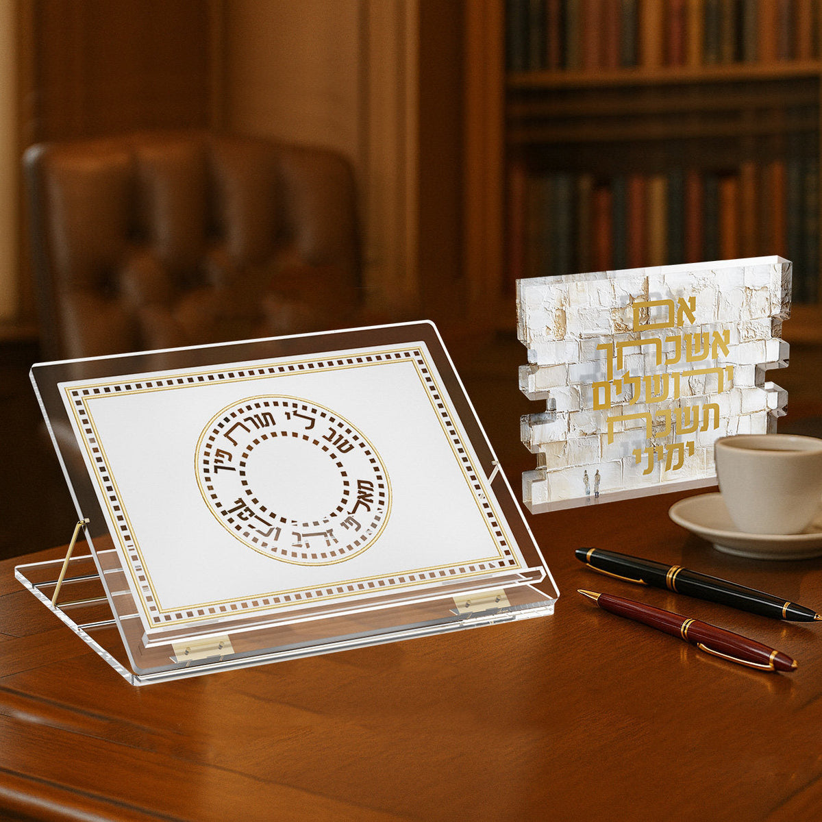 Im Eshkocheich block on a wooden desk behind a lucite shtender, with pens and a coffee cup