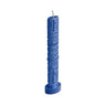 Blue inscribed Havdalah candle, side view showing the carved lettering