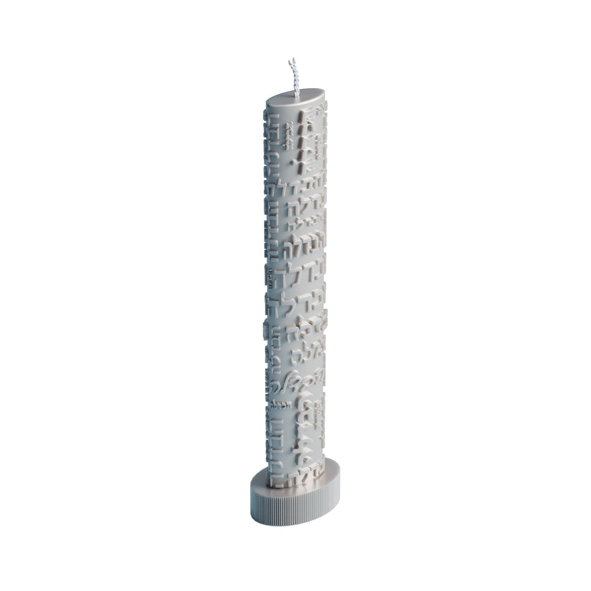 Grey inscribed Havdalah candle on an oval base, angled view