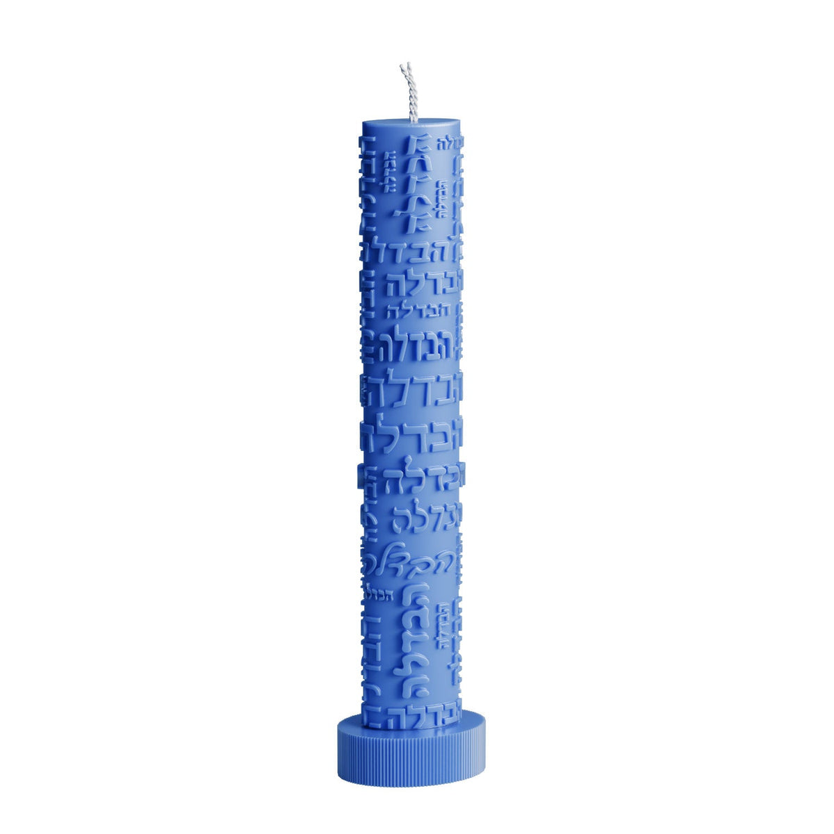 Blue candle, front view with raised Hebrew lettering on a round base