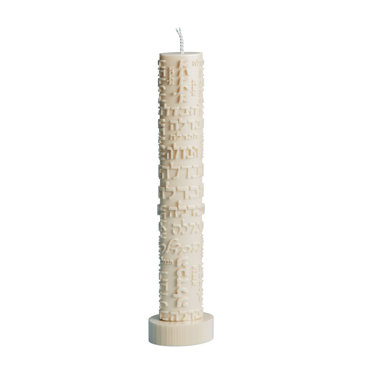 Off-white candle, front view on a round ribbed base