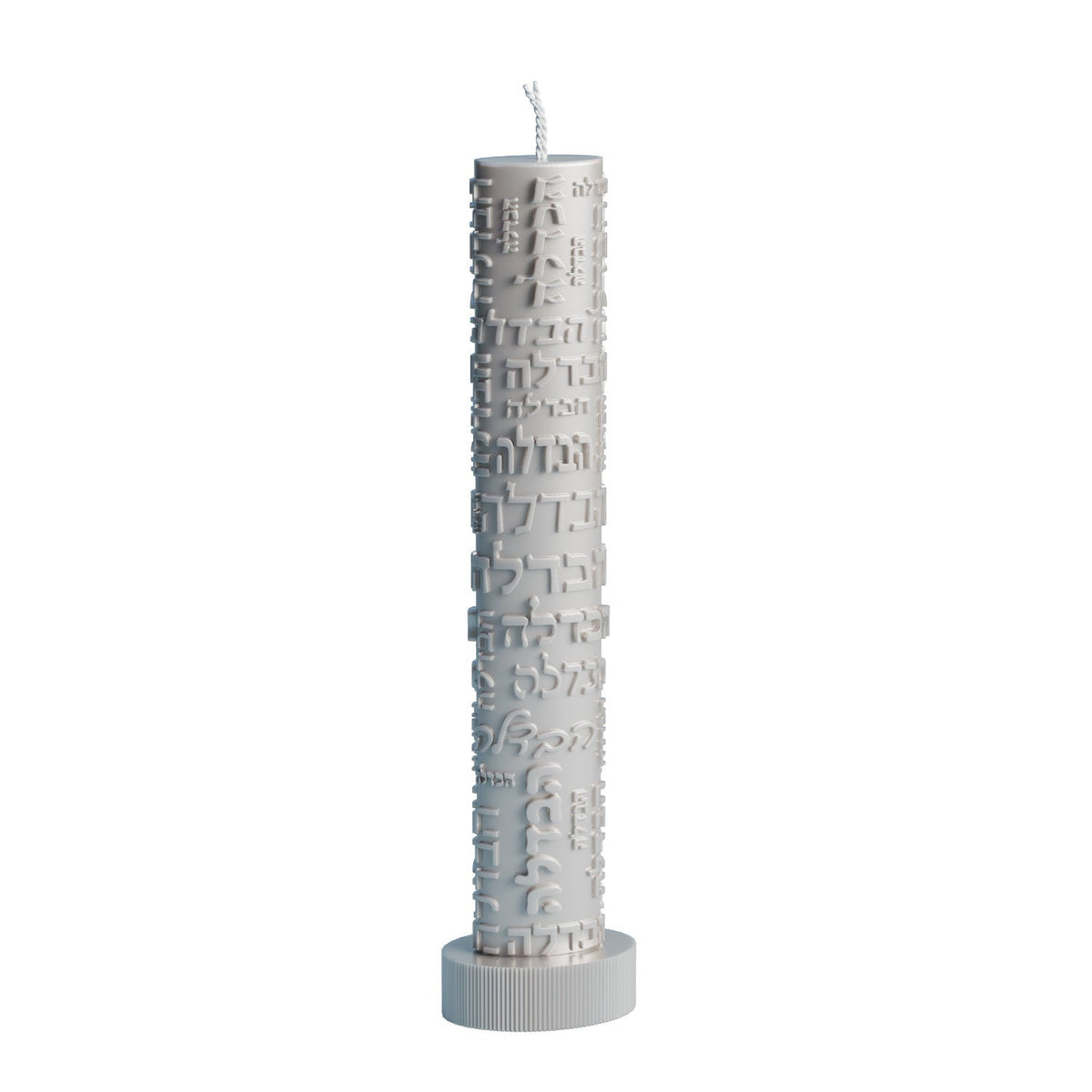 Grey candle, front view showing inscriptions from base to top