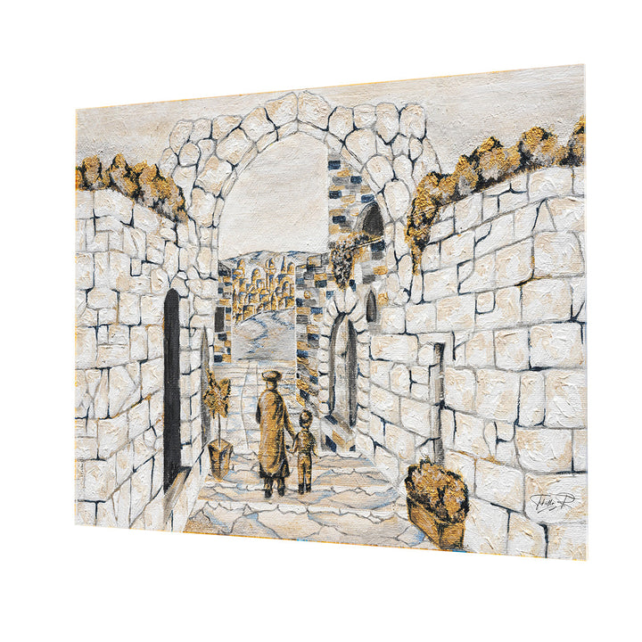 Jerusalem Arch sukkah panel: painted stone archway with a father and son walking through