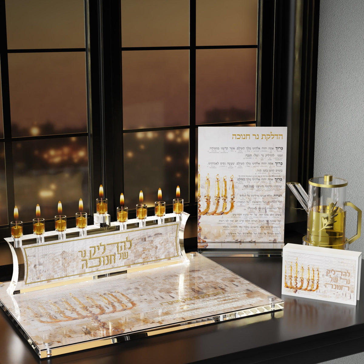 Card standing by a night window beside a lit oil menorah on a matching tray and an oil pitcher