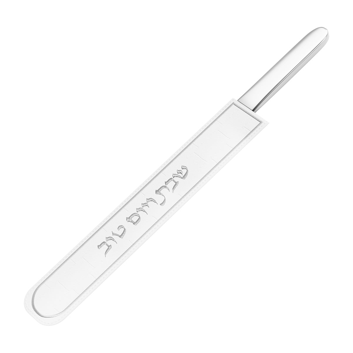 Silver Kosel knife cover sheathing a knife, blade hidden and handle showing