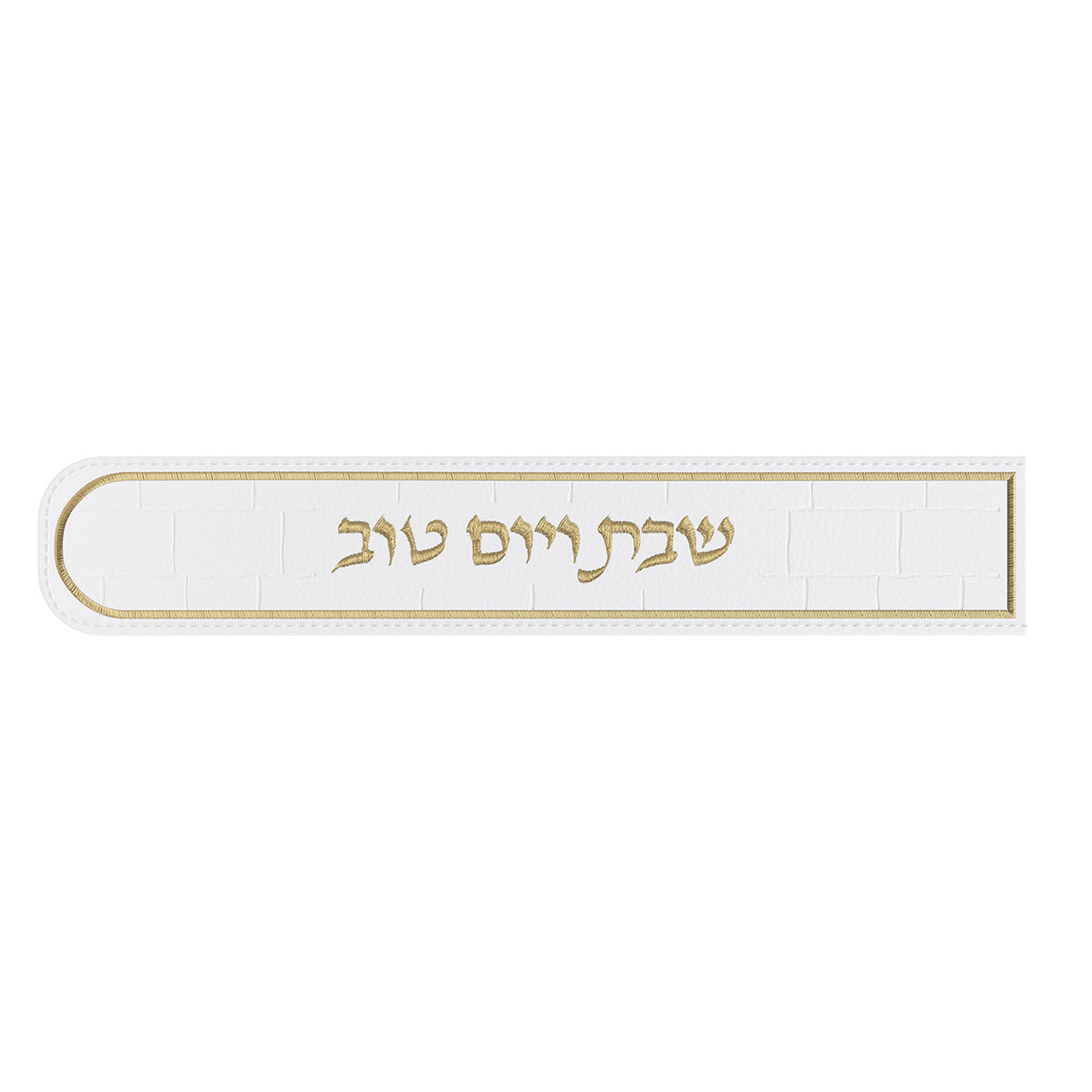 Gold knife cover laid flat, showing the rounded tip and embroidered lettering