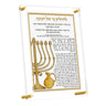 Gold Leatherite Chanukah brochos card with embroidered menorah and oil jug beside the brochos text