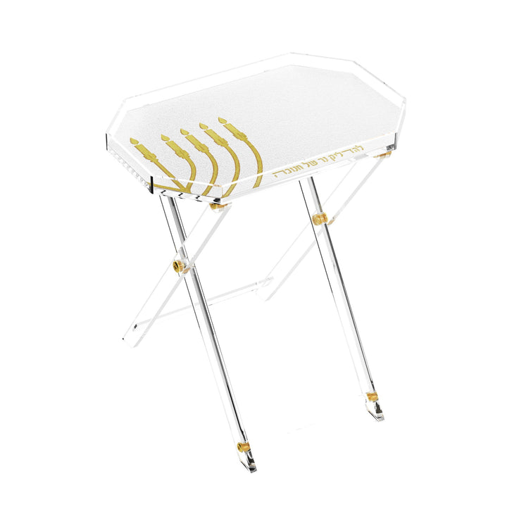 Gold version of the folding Chanukah table with gold menorah embroidery and fittings