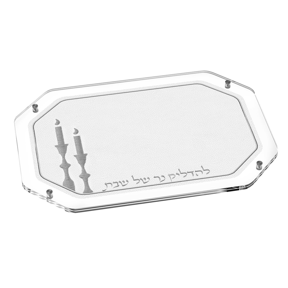 Silver version of the candle tray with silver candlesticks and border