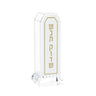 Leatherite match holder, gold Hebrew Shabbos Kodesh lettering on white leather in a clear lucite case