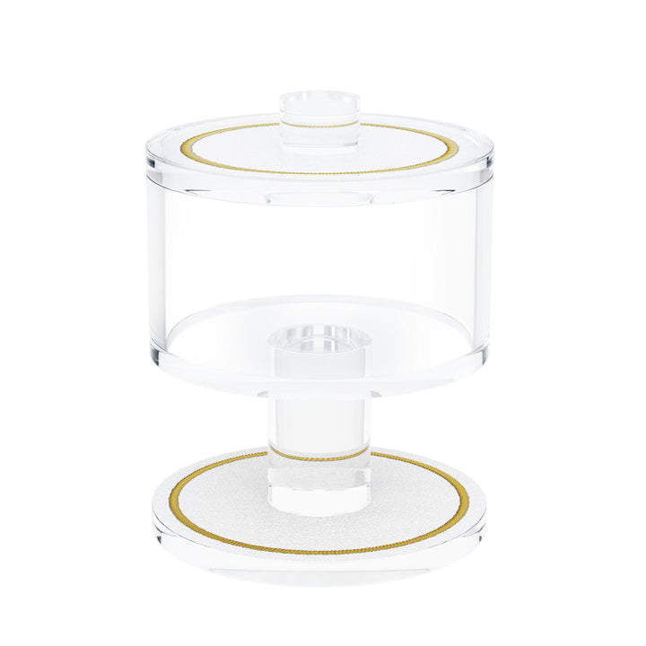 Leatherite salt holder, clear footed cup and lid with gold-trimmed white bands, front view