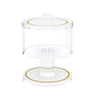 Leatherite salt holder, clear footed cup and lid with gold-trimmed white bands, front view