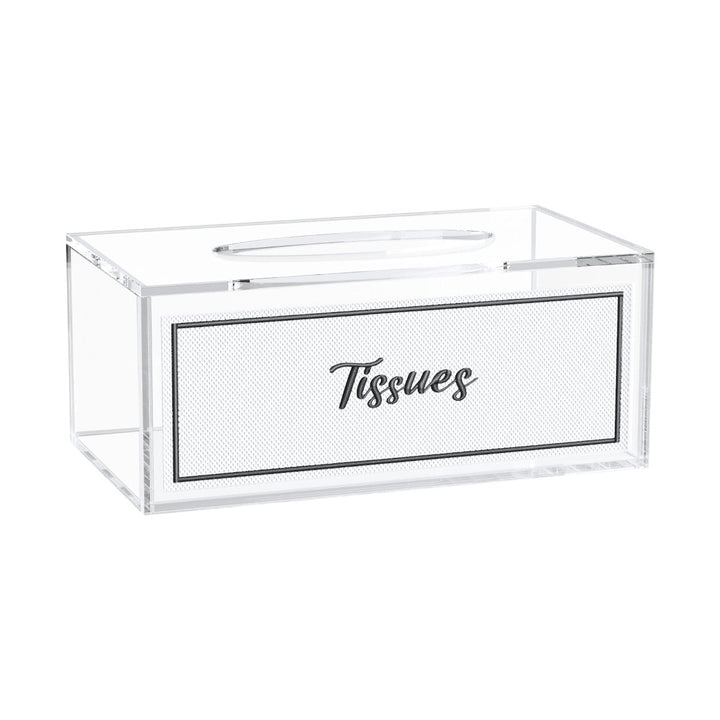 Leatherite tissue box in black, clear lucite case with Tissues script on a white panel