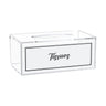 Leatherite tissue box in black, clear lucite case with Tissues script on a white panel