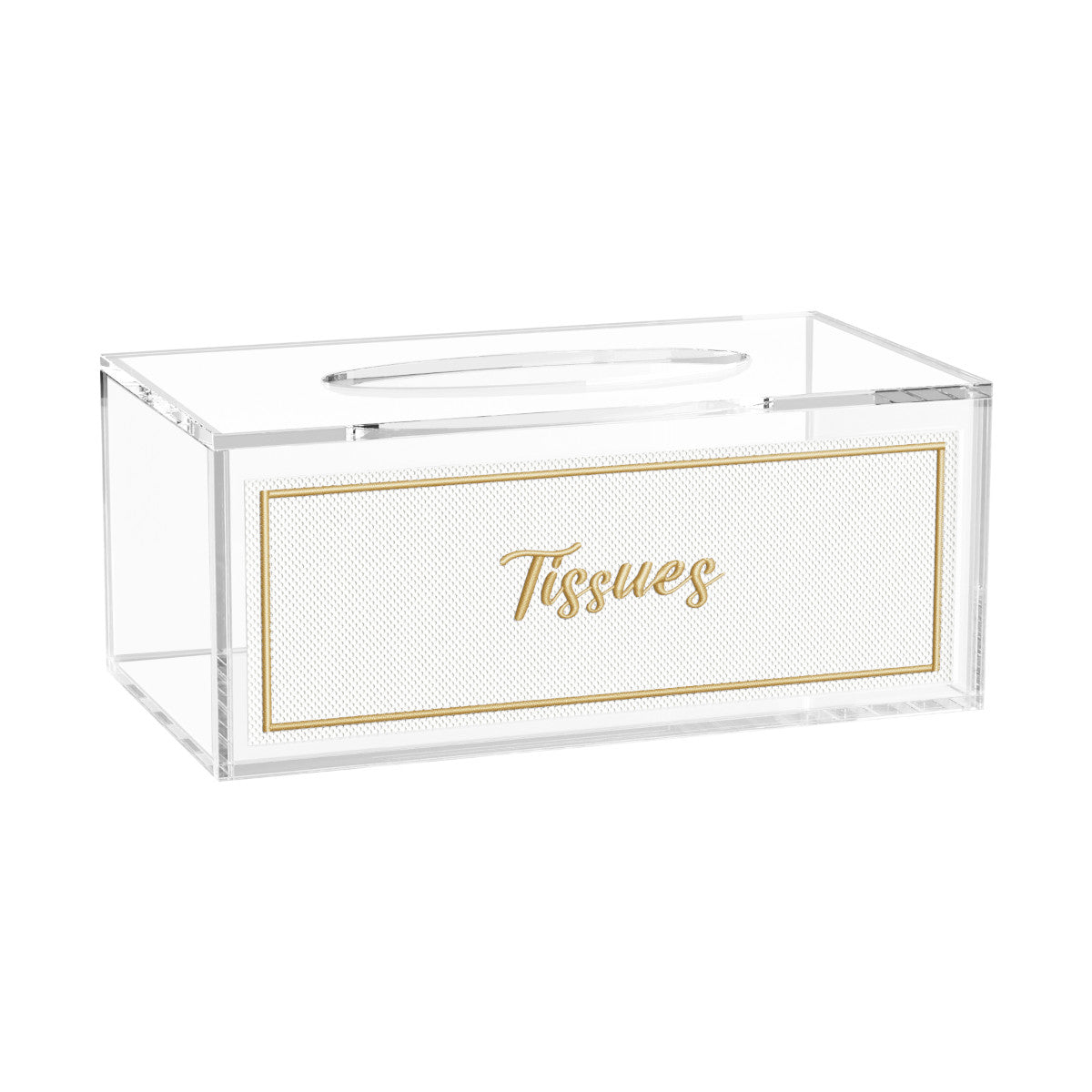 Gold version of the tissue box with gold script lettering and gold border