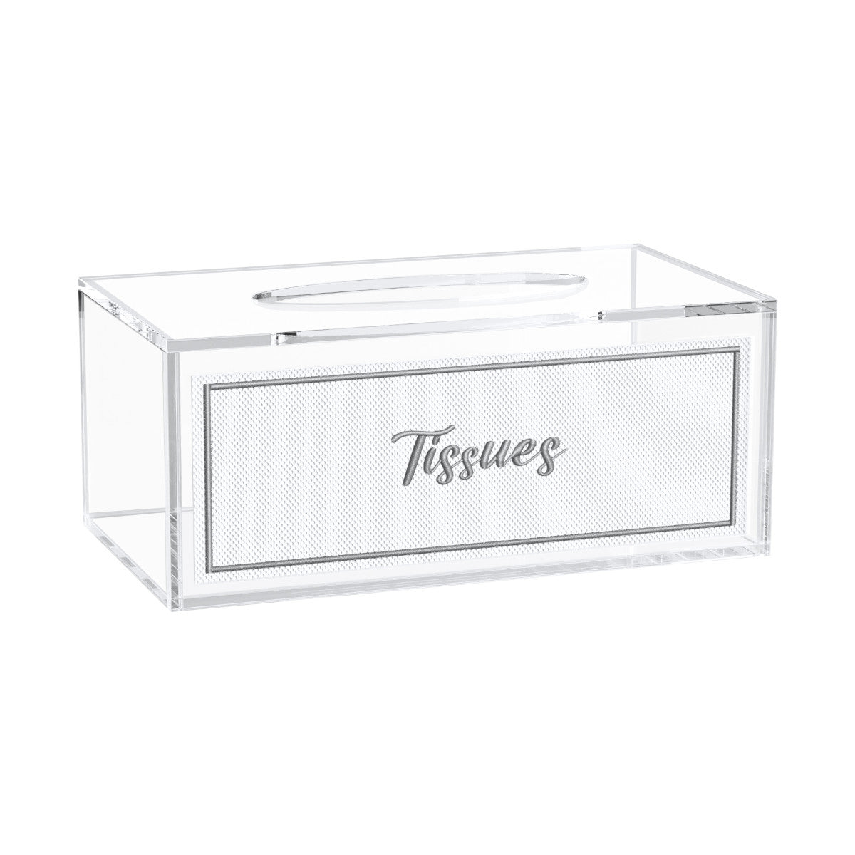 Silver version of the tissue box, silver Tissues lettering framed by a silver border