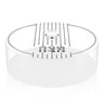 Silver version of the round matzah box with silver stripes and lettering