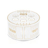 Linear tiered kearah in gold, round lucite with six labeled rings on top and double doors below