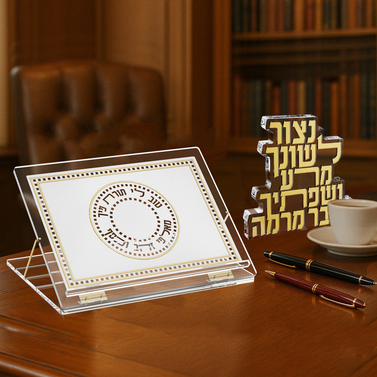 Loshon Hora block on a desk beside a lucite sefer stand, pens and a coffee cup