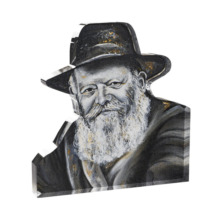Lucite block portrait of the Lubavitcher Rebbe in a black hat with white beard, cut to shape