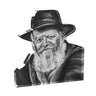 Lucite block portrait of the Lubavitcher Rebbe in a black hat with white beard, cut to shape