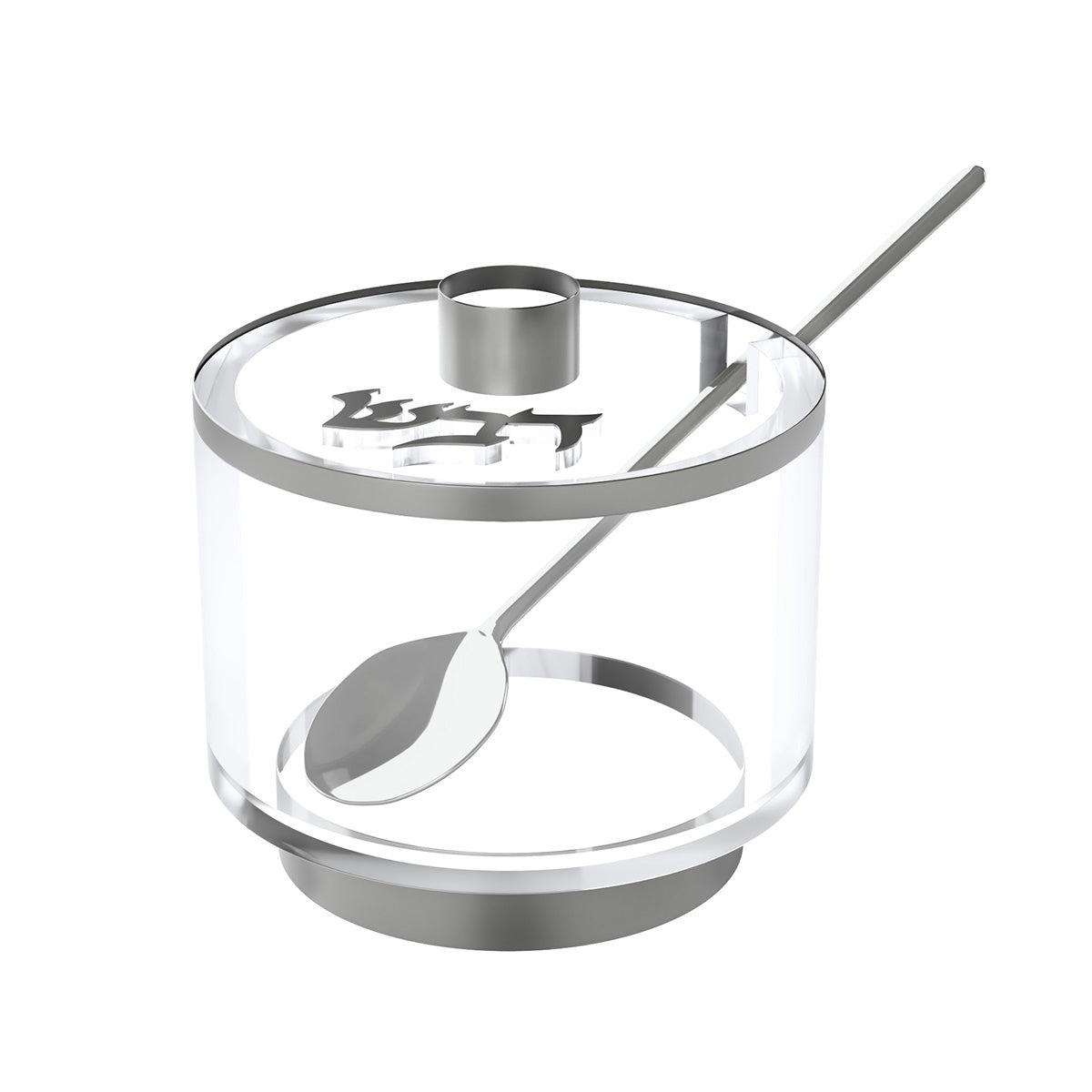 Silver version of the lucite honey dish with silver base, lid trim and spoon