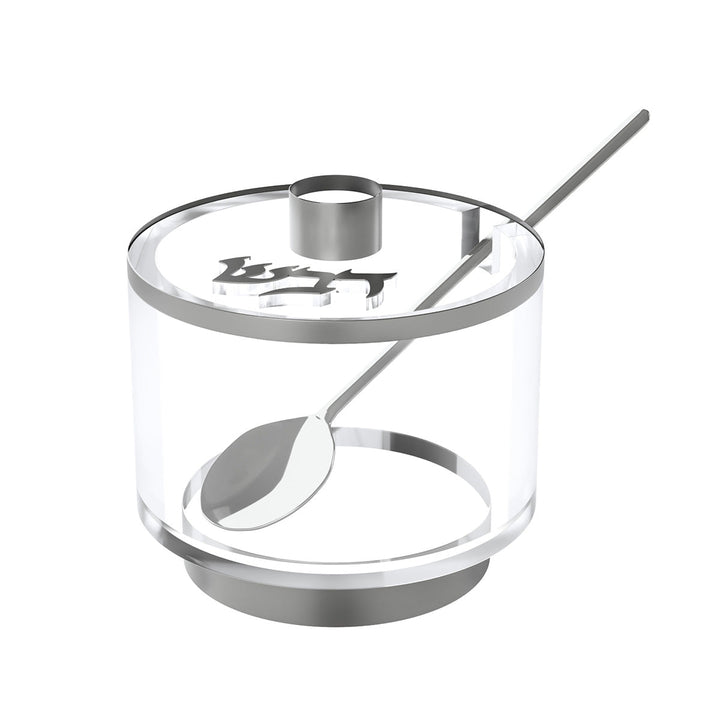 Silver version of the lucite honey dish with silver base, lid trim and spoon