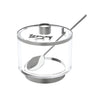 Silver version of the lucite honey dish with silver base, lid trim and spoon