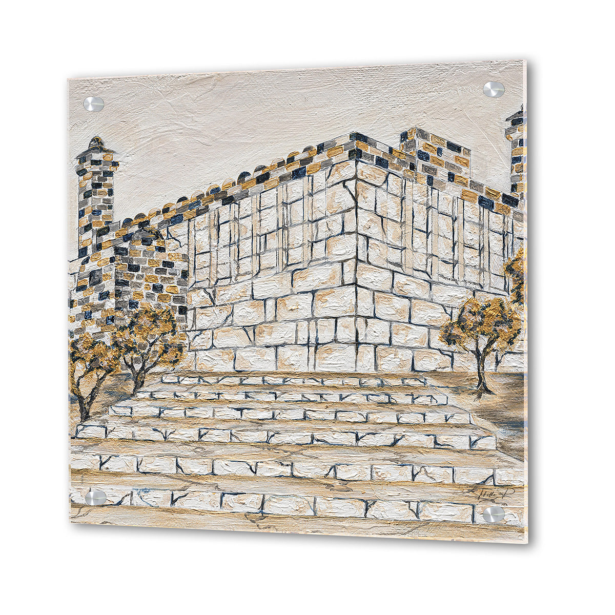 Angled view of the Meoras Hamachpela lucite panel showing chrome standoffs at the corners