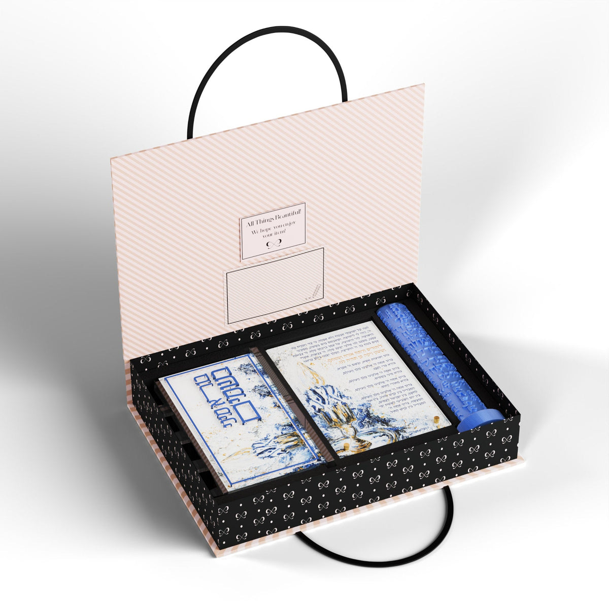 Open gift box holding the besamim holder, Havdalah card and blue havdalah candle in fitted slots