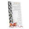 Tall simanim card with grey and gold marbled edge, open pomegranates and interlinear text