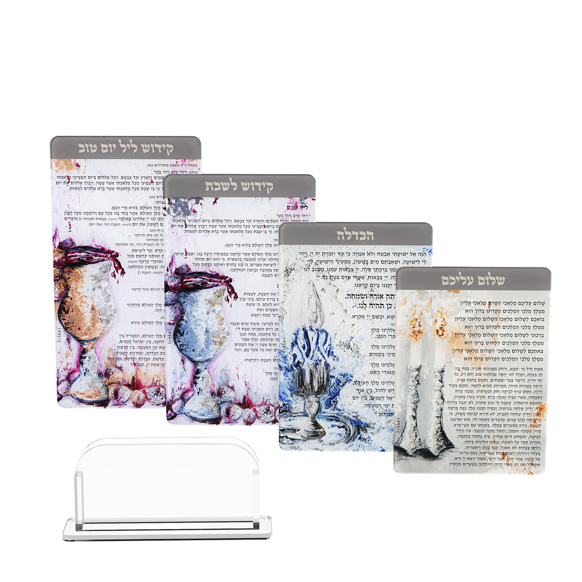 Artwork cards laid out separately with painted kiddush cups and candles, holder in front