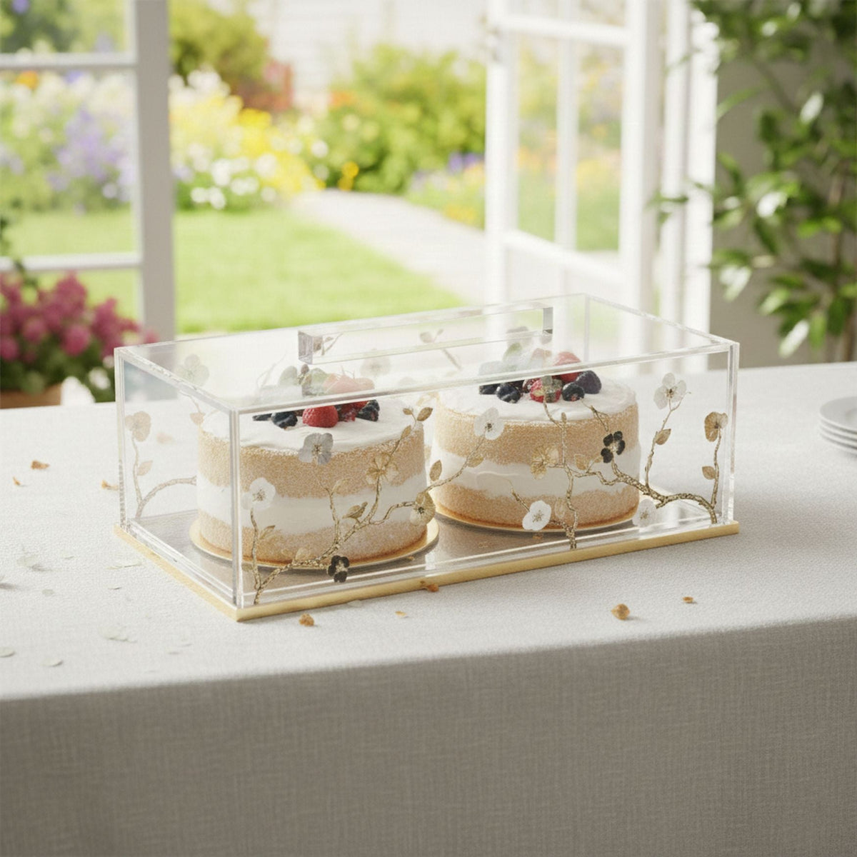 Two berry-topped cakes under the floral lucite cover on a linen table by a garden door
