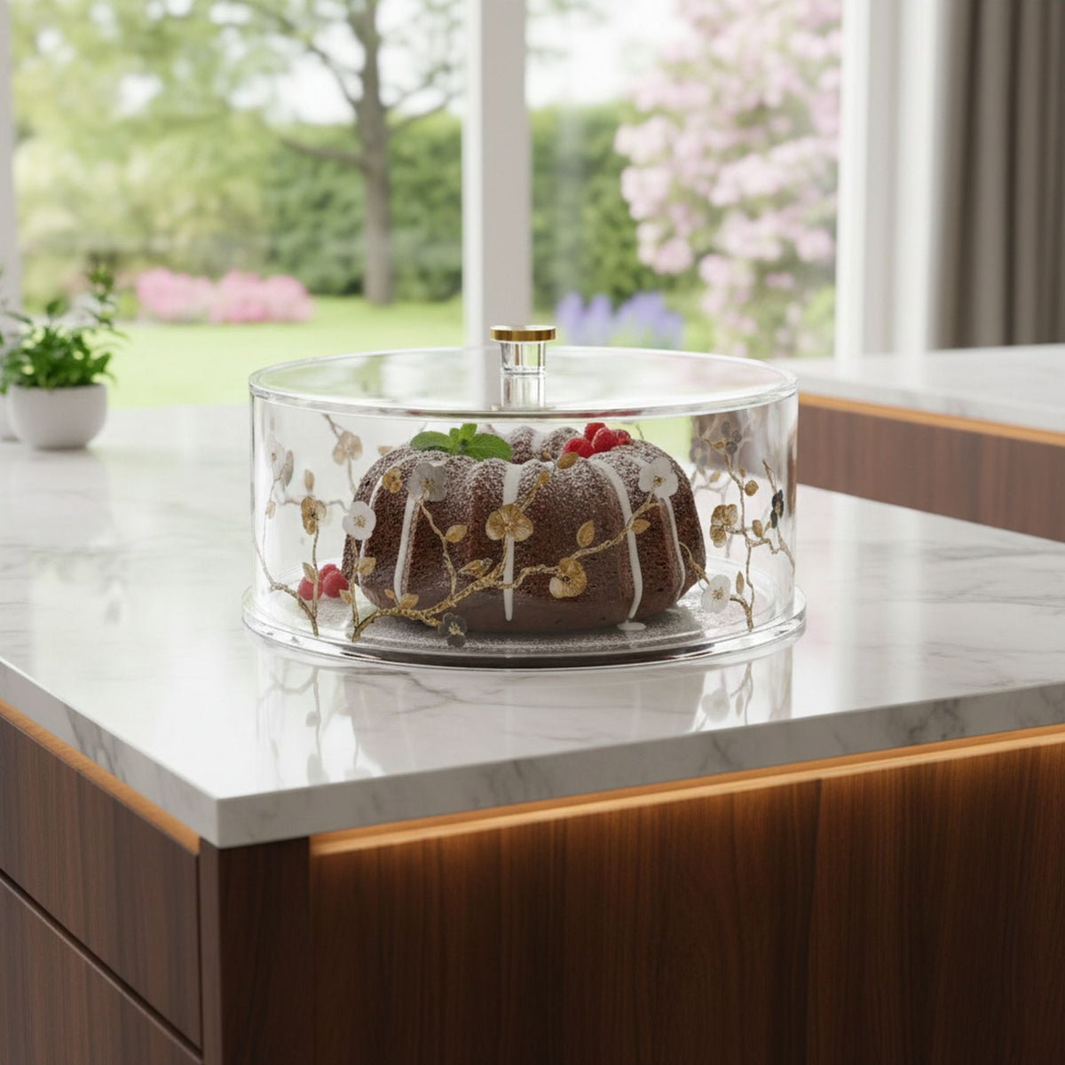 Cake holder covering a chocolate bundt cake on a marble kitchen island by a garden window