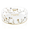 Ornate Garden round clear matzah box with gold Matzah lettering, flowering branches and gold-rimmed lid knob