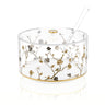 Ornate Garden clear lucite salad bowl with gold base, flowering branches, lid and clear serving spoon