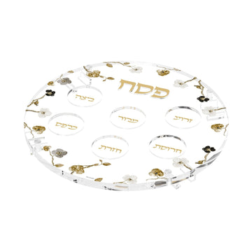 Ornate Garden round clear Seder plate with gold Pesach lettering, six labelled spots and flowering branch rim