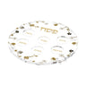 Ornate Garden round clear Seder plate with gold Pesach lettering, six labelled spots and flowering branch rim