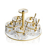 Ornate Garden swivel dip dish with five lidded floral dishes and gold spoons around a gold center handle