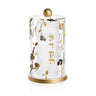 Ornate Garden clear lucite tzedakah box with gold ball lid, gold Tzedakah lettering and flowering branches