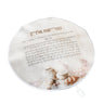 Round Pink Blossoms challah cover with Hafrashas Challah text, flour and challah art, and pull string
