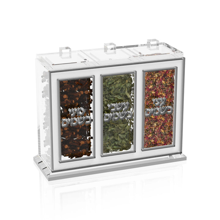 Silver version of the multi-besamim set with silver Hebrew lettering and frame