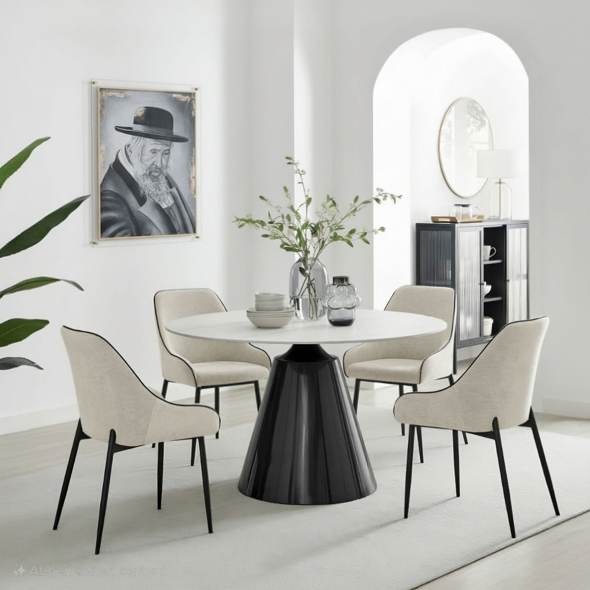 Black and white Reb Shayale portrait hanging above a round dining table with cream chairs