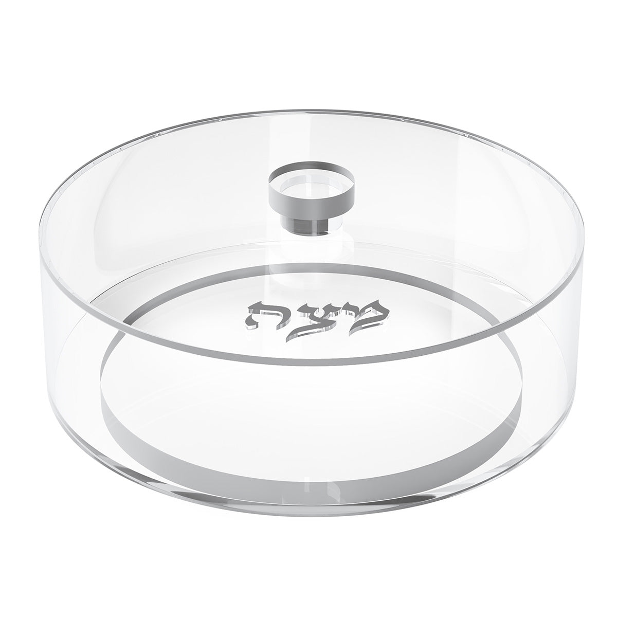 Silver version of the round matzah box with silver rim, knob and Matzah lettering