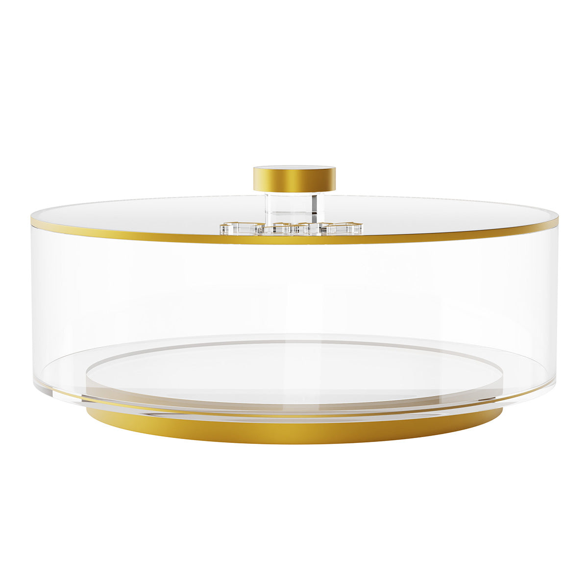 Side view of the gold round matzah box showing the lid knob and gold base