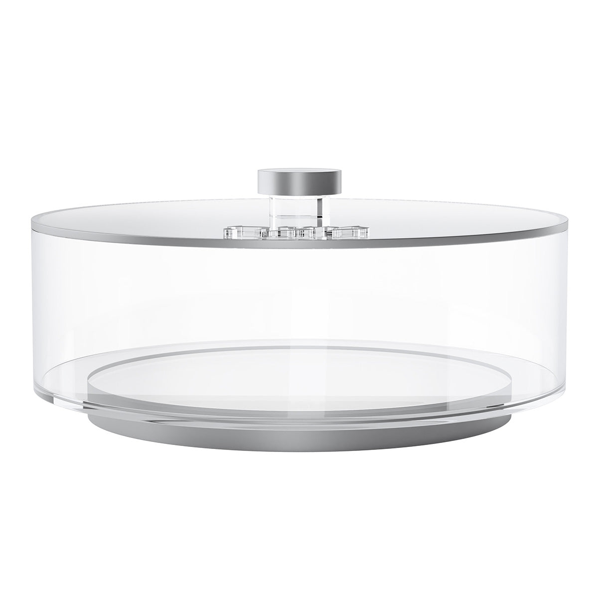 Side view of the silver round matzah box on its silver base